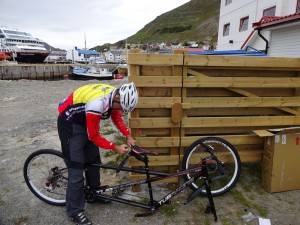 Assembling the bike ... in the background, the Hurtigruten